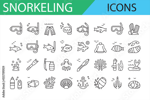 Minimalist Snorkeling Gear and Ocean Life Icons for Water Sports

