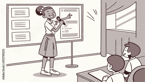 Girl giving presentation with microphone in front of a whiteboard to students in a classroom scene