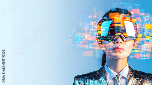 Woman using VR headset, digital data overlay, blue background, tech future