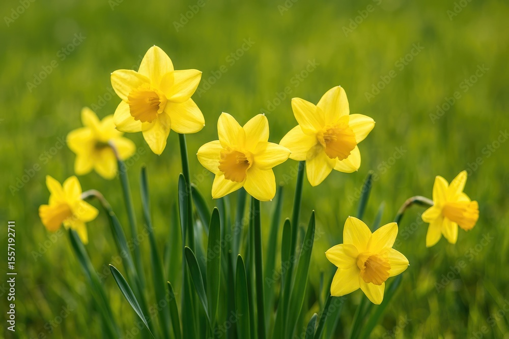Vibrant Yellow Narcissus Blossoms Amidst Green Foliage Vibrant Yellow Narcissus Blossoms Amidst Green Foliage