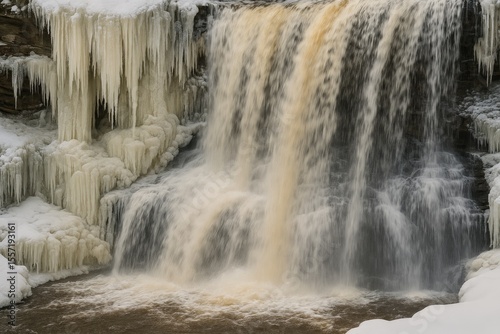 Close-up of icy formations at a waterfall in winter
