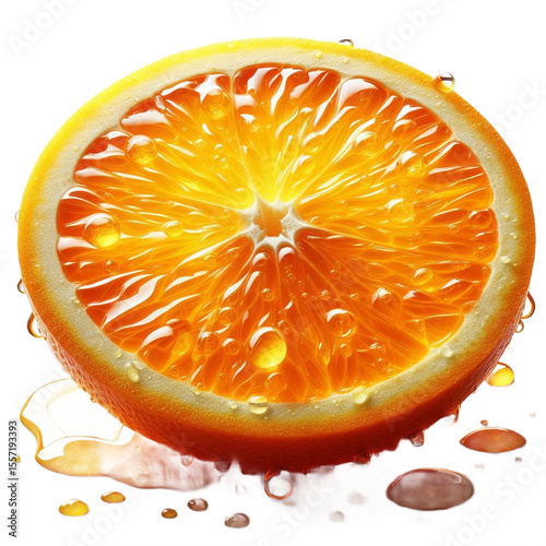  Juicy Orange Slice with Glowing Pulp and Water Droplets, Macro View, Isolated on a Pure White Background, Representing Vitamin C Freshness and Natural Vitality