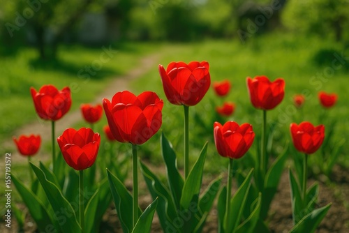 Close-up of vibrant red tulips blooming in a countryside garden with natural floral scenery
