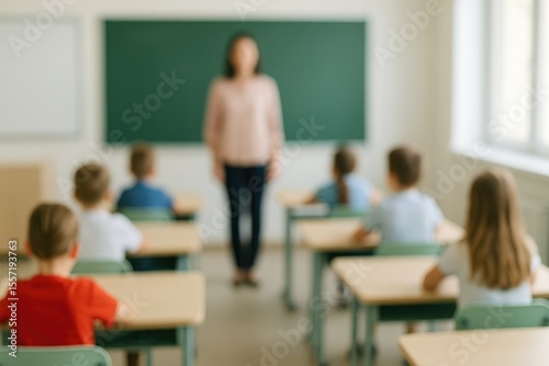 Blurred classroom background with kids and teacher for background use