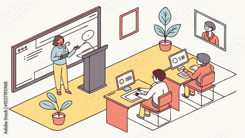 Illustration of a woman giving a presentation with attendees in an office setting with computers and plants