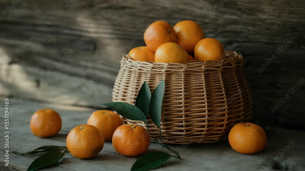 Fresh oranges in wicker basket rustic still life photography