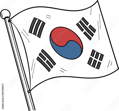 Hand Drawn Style South Korean Flag Waving on a Pole