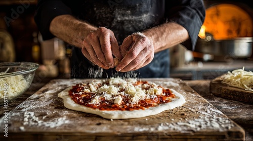 chef preparing pizza, handmade pizza, pizza making, cooking pizza, tomato sauce, mozzarella cheese, Italian food, artisan pizza, kitchen scene, food preparation, cooking process, pizza dough, fresh in