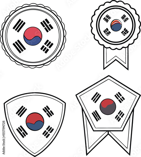 South Korean Flag Icon Set in Various Shapes with Black Outline