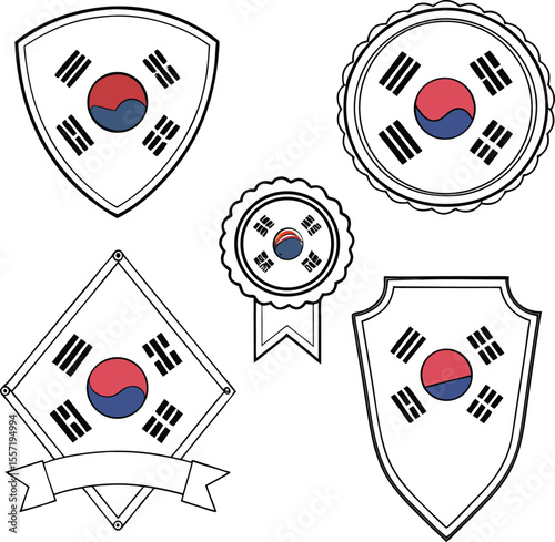 South Korea Flag Badges and Shields in Black and White Outline