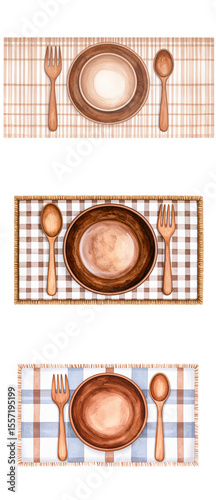 Elegant table settings featuring plates and utensils on patterned tablecloths.