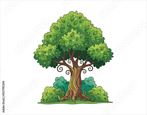 Charming tree featuring shrubs in a cartoonish design, adding a fairytale vibe. Vector isolated against a white backdrop.


