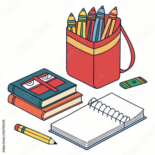 Illustration of a desk setup with books, pencils in a holder, notebook, pencil, and an eraser on it