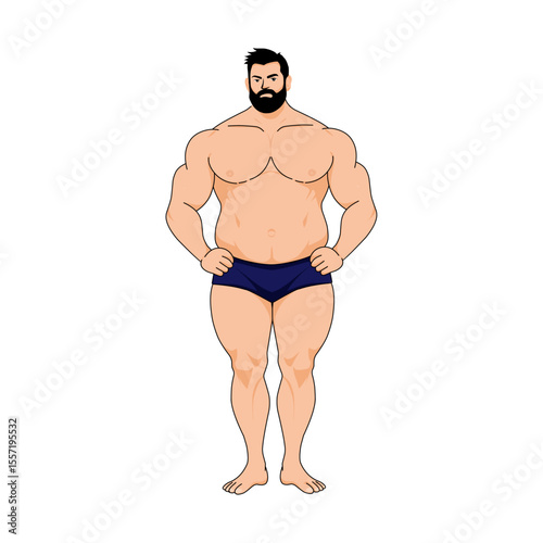 An illustration of a cheerful, full-figured man in blue swim shorts, confidently posing. 