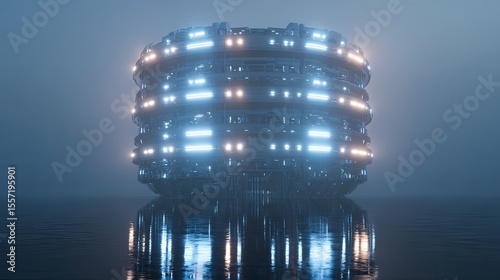 circular futuristic building with glowing lights 