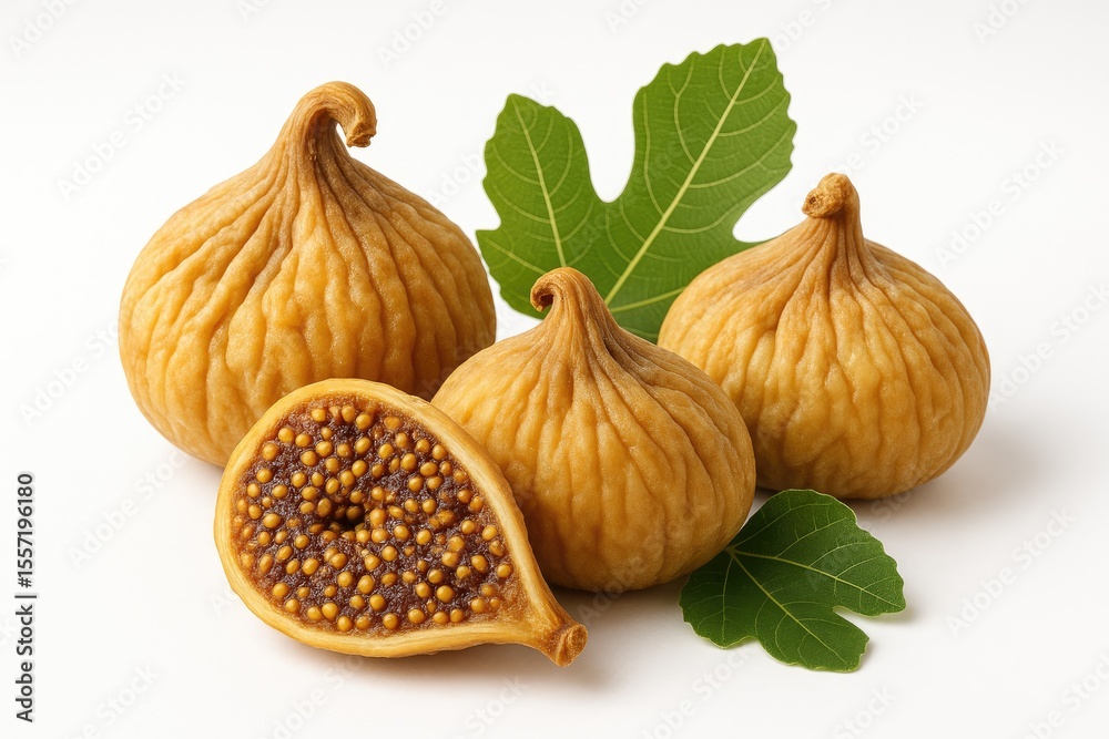 Obraz premium Detailed view of dehydrated fig fruits against a plain white backdrop