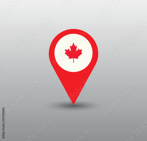Canada location pin, GPS marker, made in Canada symbol, find us sign, red color with maple leaf. Suitable for designing brochures, mobile application interfaces.