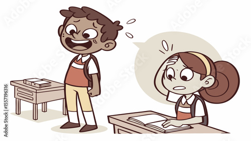 Illustration showing a boy looking nervous while a girl looks confused at her desk in a classroom setting