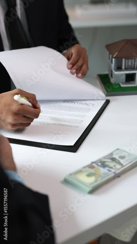 Real estate agent showing contract to client during meeting.
