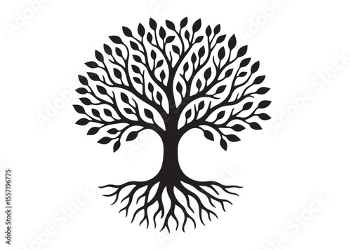 Tree of life logo silhouette vector, tree life logo icon silhouette, round tree of life with roots and branches vector, simple black tree of life silhouette logo vector on a white background.