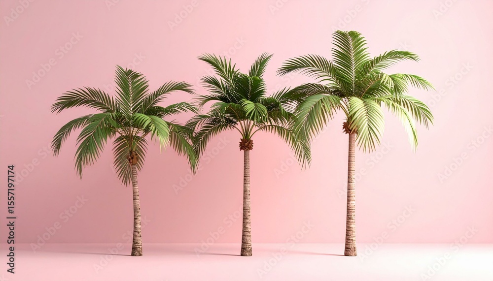 Fototapeta premium Three palm trees against a pink background Minimalist tropical scene summer