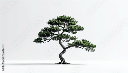 Single Japanese Black Pine Tree on White Background Isolated Bonsai Style Evergreen