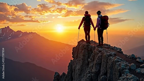 Amazing and inspiring romantic sunset over high mountains. Two people hike and camp, walk on crest edge of mountain peak, reaching goal or finish line. Motivation concept.