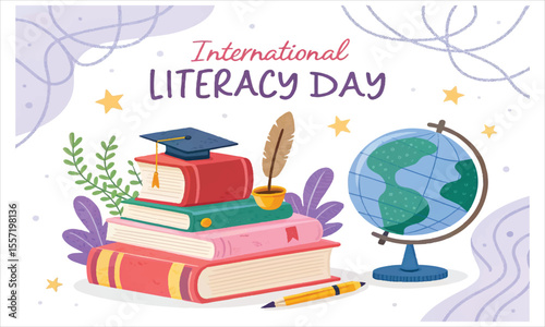 International literacy day celebration with books graduation cap globe and quill pen