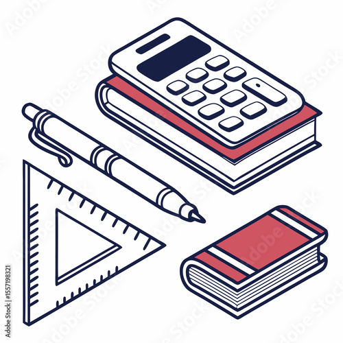 Illustration of calculator on book with pen, triangle ruler, and another book on a white background