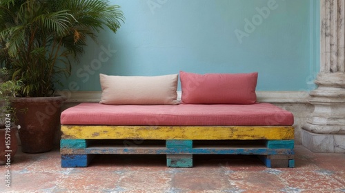 Reclaimed wood pallet couch flaunts vivid bohemian charm, inviting relaxation amidst Dia de los Muertos preparations, patio sanctuary
