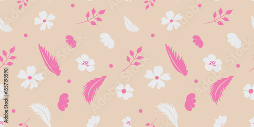Seamless floral vector pattern with soft pink botanical silhouettes on beige background, ideal for textile design, wrapping and digital surface art.