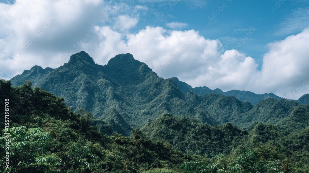 Naklejka premium Majestic emerald peaks bask under cotton-cloud canopies, evoking Earth Day reverence and Qingming Festival serenity, untouched wilderness symphony