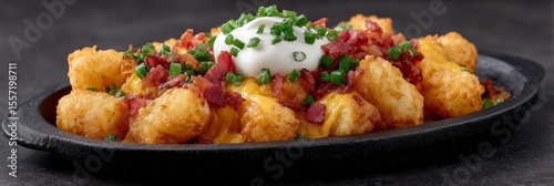 Crispy golden tater tots cloaked in melty cheddar, festival of comfort with a dollop of winter solstice cream