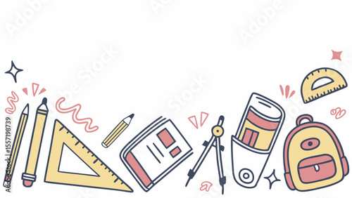 Illustration of school supplies including pencils, ruler, book, compass, pencil case and backpack icon