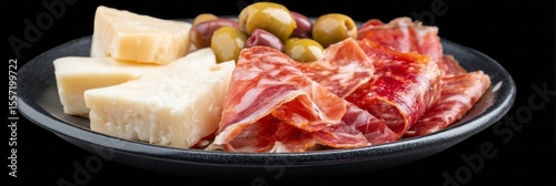 Rich charcuterie feast of savory salami, cheese, olives; evokes Mediterranean leisure, International Cheese and Wine Day indulgence