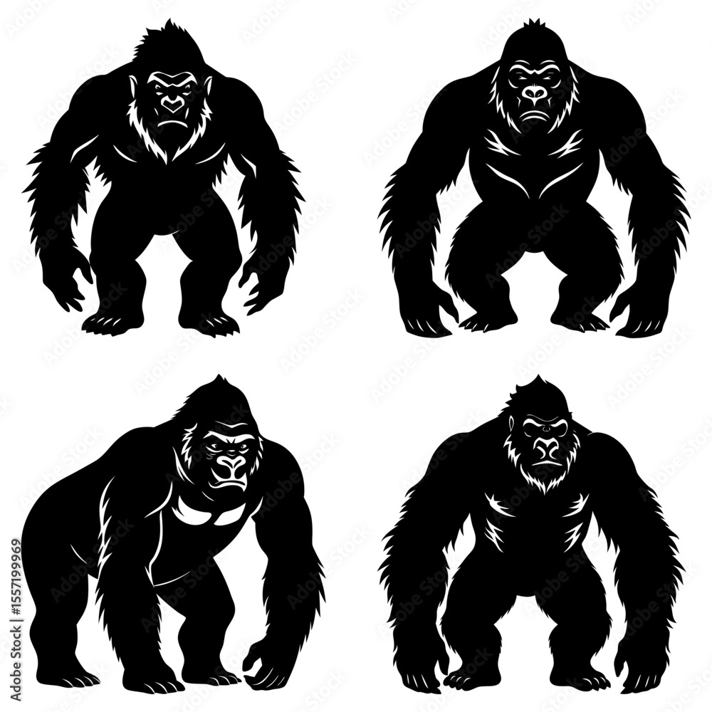 Fototapeta premium Four gorilla silhouettes in different poses showcasing strength and primal power in black and white style