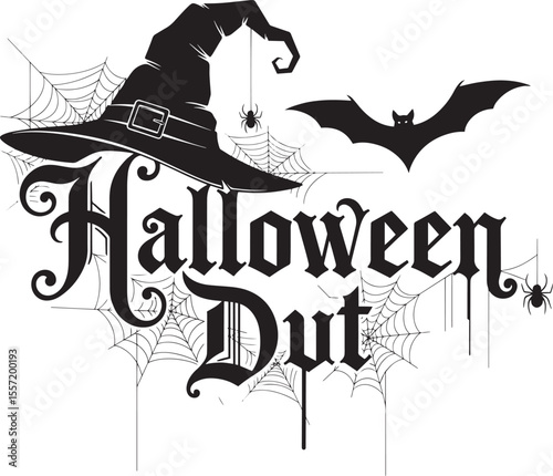 Spooky Halloween Font Design with Witch Hat and Webs