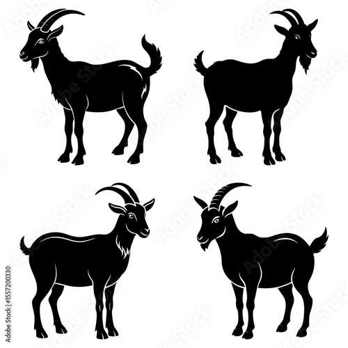 Silhouette illustration showing four goats in various poses against a white background design element