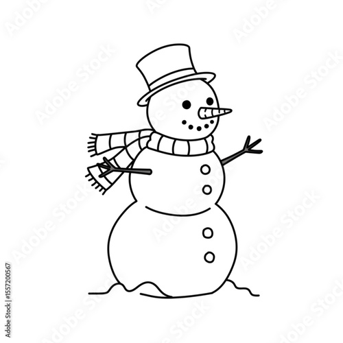 Cartoon snowman waving with hat and scarf in monochrome style  