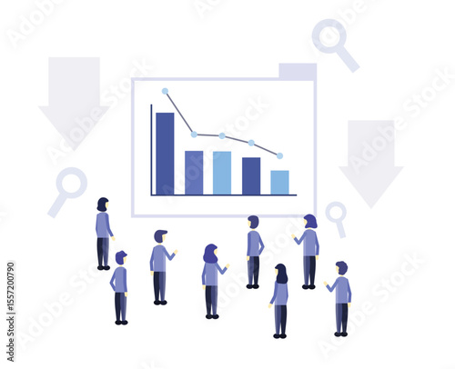 a declining bar chart. people discussing because the bar chart is declining. declining business performance. on the verge of failure.