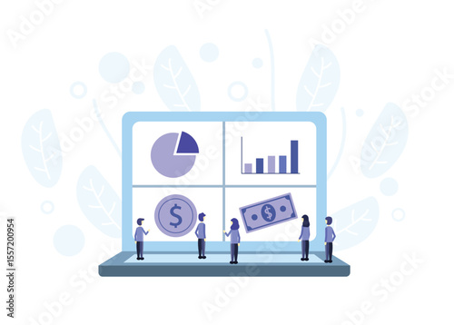 a team analyzing business data and financial reports displayed on a large screen. workers analyzing bar and pie charts. team working in the field of analysis.