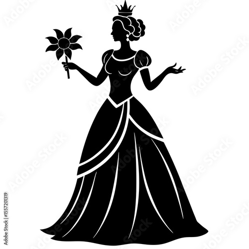 A silhouette of a queen wearing a gown and holding a flower on a white background.