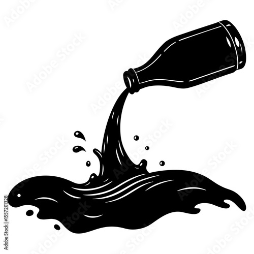 A silhouette of sea water pouring out from a drink bottle on a white background.
