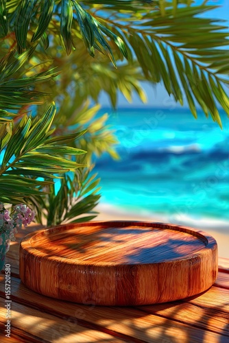 Wooden podium on beach background. Summer objects decorative hello summer product display and presentation sale banner vector illustration.