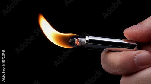 A persons hand holding a burning metal lighter against a black background