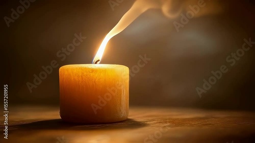 A lit candle with smoke rising against a dark background