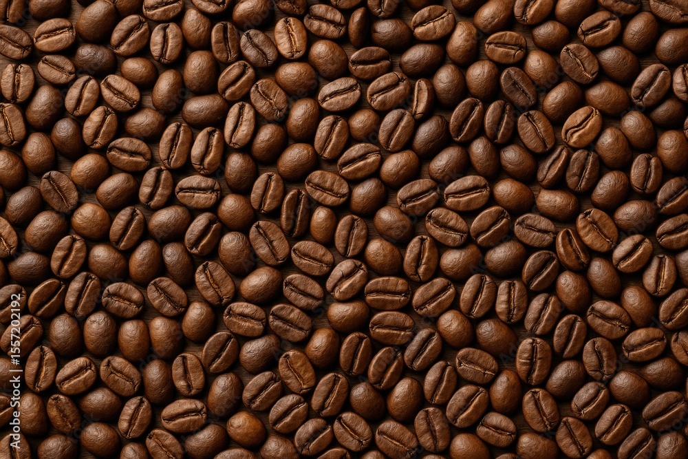 Fototapeta premium Coffee beans spread on a surface from an overhead perspective