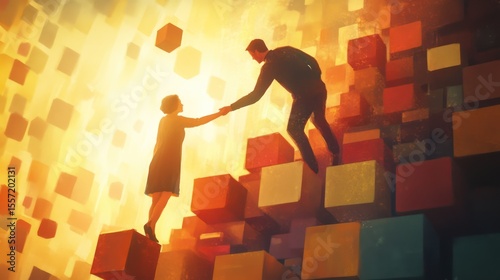 Two figures help each other climb a colorful structure.