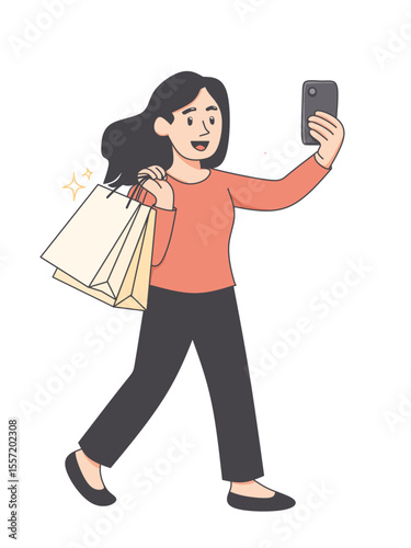 Flat Cartoon Woman Holding Shopping Bags Illustration