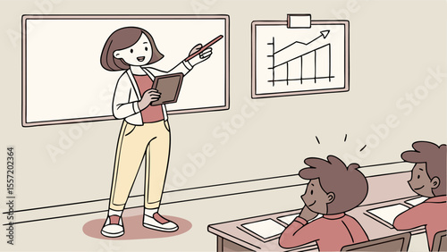 A teacher presenting a graph on a whiteboard to students in a classroom setting with desks and learning